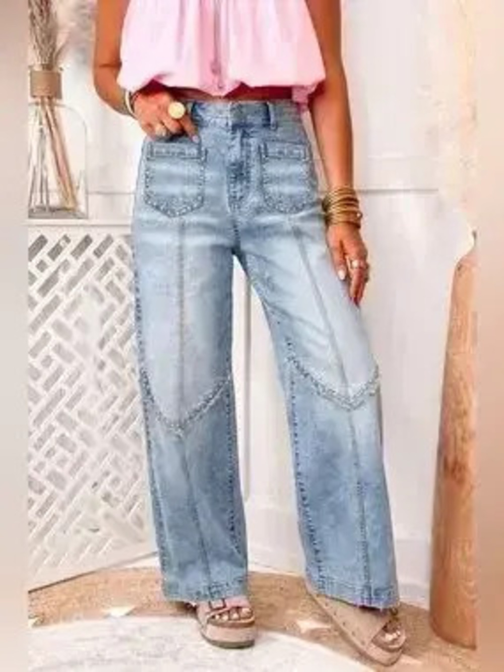 Studded Detail Wide-Leg Jeans - Picture 1 of 4